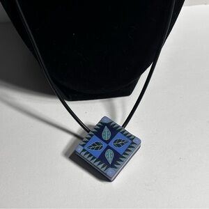 Square Blue Leaf Earthy Print Fairycore Thick Rubber Pendant Necklace Black Cord